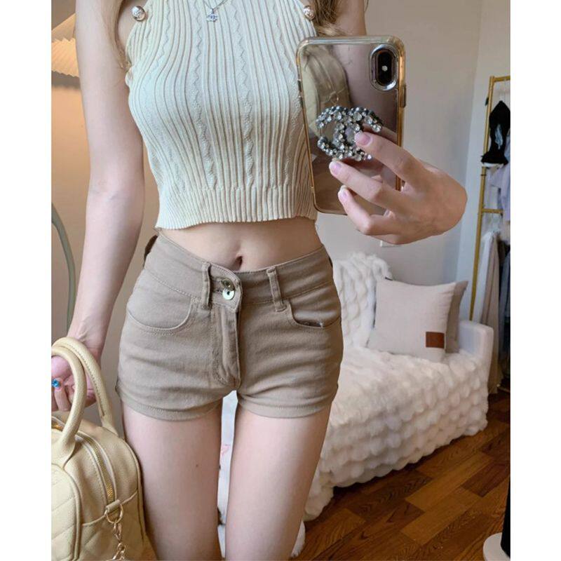 高腰美式卡其色牛仔短裤女新款紧身显瘦弹力辣妹包臀外穿a字热裤