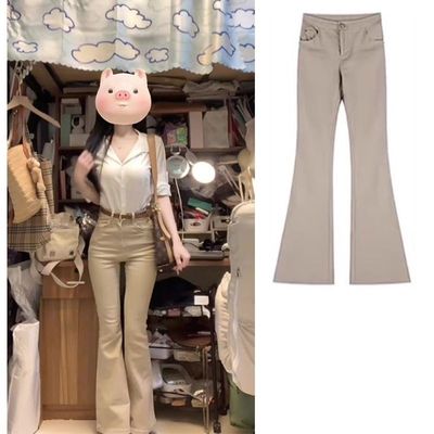美式复古卡其微喇叭牛仔裤女浅色辣妹高腰窄版显瘦弹力百搭阔腿裤