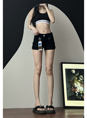 美式复古黑色低腰修身牛仔超短裤女ins风新款百搭显瘦辣妹热裤子