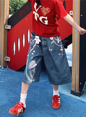 美式链条彩色深蓝色七分裤女设计感新款中裤阔腿辣妹牛仔短裤百搭