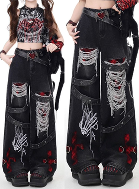 黑灰y2k工装破洞牛仔裤女高街设计感高腰大码胖mm显瘦亚文化裤子