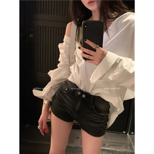 美式 做舊牛仔短褲 女新款 辣妹熱褲 子 復古緊身彈力外穿包臀網紅風褲