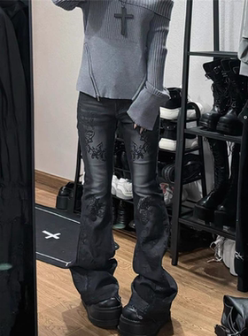 ins风复古辣妹印花设计感毛边微喇牛仔裤女秋亚文化新款低腰显瘦