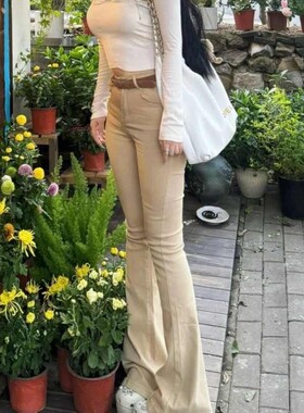 高腰微喇牛仔裤女韩版ins修身显瘦弹力韩系千禧气质风马蹄阔腿裤