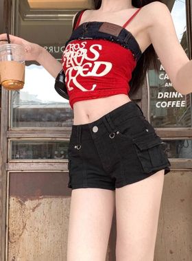 黑色低腰工装牛仔短裤女设计感辣妹超短裤弹力显瘦包臀千禧热裤子