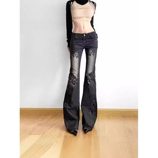 水洗微喇复古印花喇叭新款牛仔裤美式低腰辣妹修身亚比显瘦长裤子