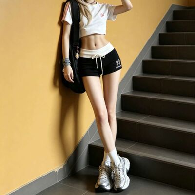 运动短裤女低腰a字美式辣妹外穿显瘦跑步遛弯弹力包臀三分热裤子