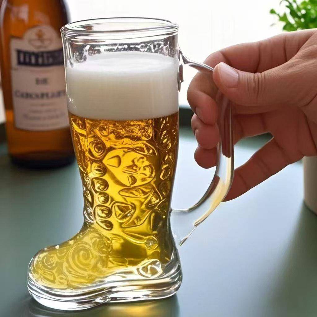 乳白色玻璃啤酒杯 扎啤靴子造型1000ml大容量 趣味美式花纹酒吧杯