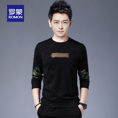 罗蒙男士卫衣春秋季新款休闲宽松圆领套头印花长袖T恤上衣打底衫