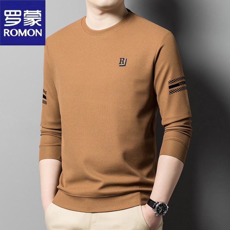 Romon/罗蒙早秋男装宽松圆领卫衣青年运动休闲长袖T上衣打底衫