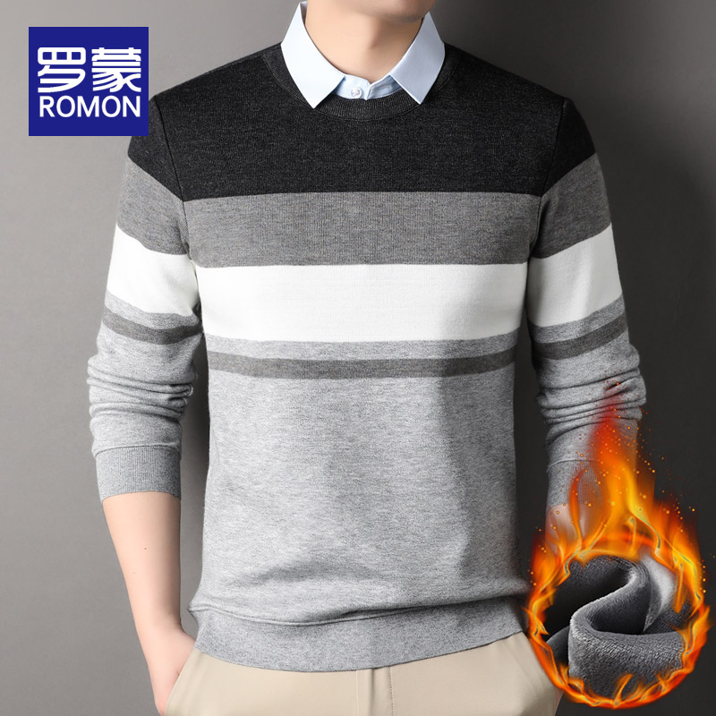 罗蒙假两件针织衫毛衣男士衬衫领秋冬季2025新款加绒保暖打底线衣