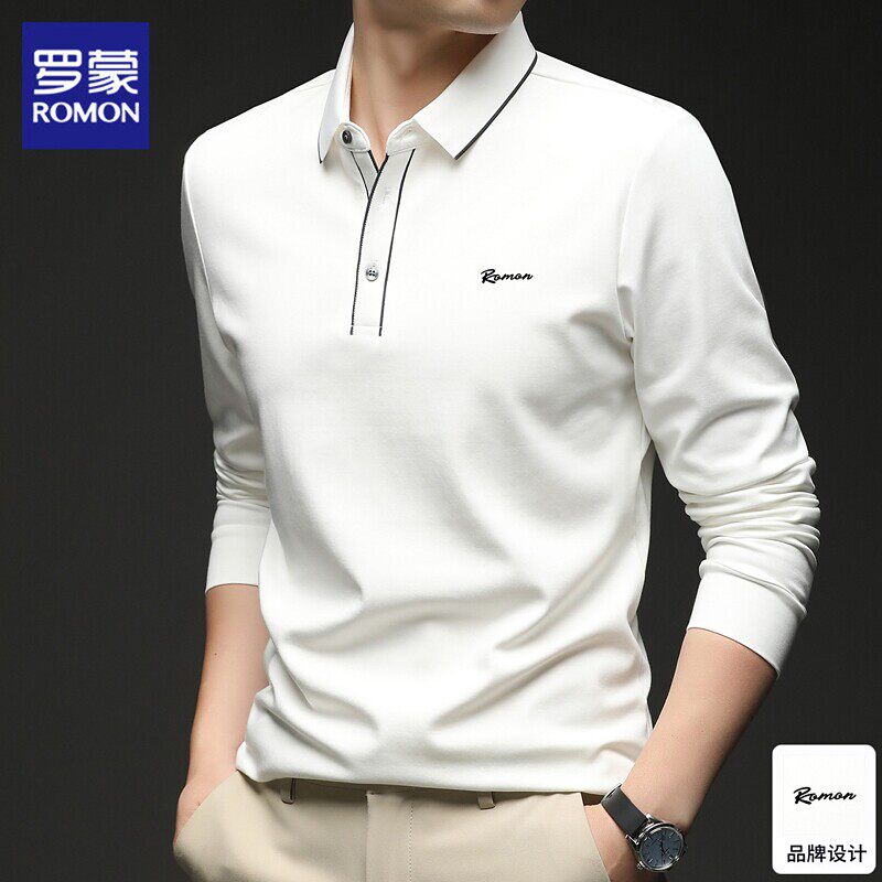 罗蒙长袖polo衫男士春季新款潮流白色翻领体恤商务休闲通勤t恤男