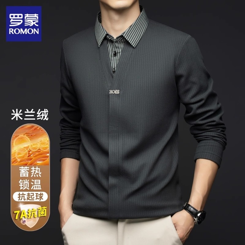罗蒙长袖t恤男士秋冬季新款假两件翻领上衣加绒休闲商务polo衫男