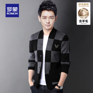 罗蒙男士开衫毛衣春季新款休闲宽松撞色棋盘格羊毛针织线衫外套男
