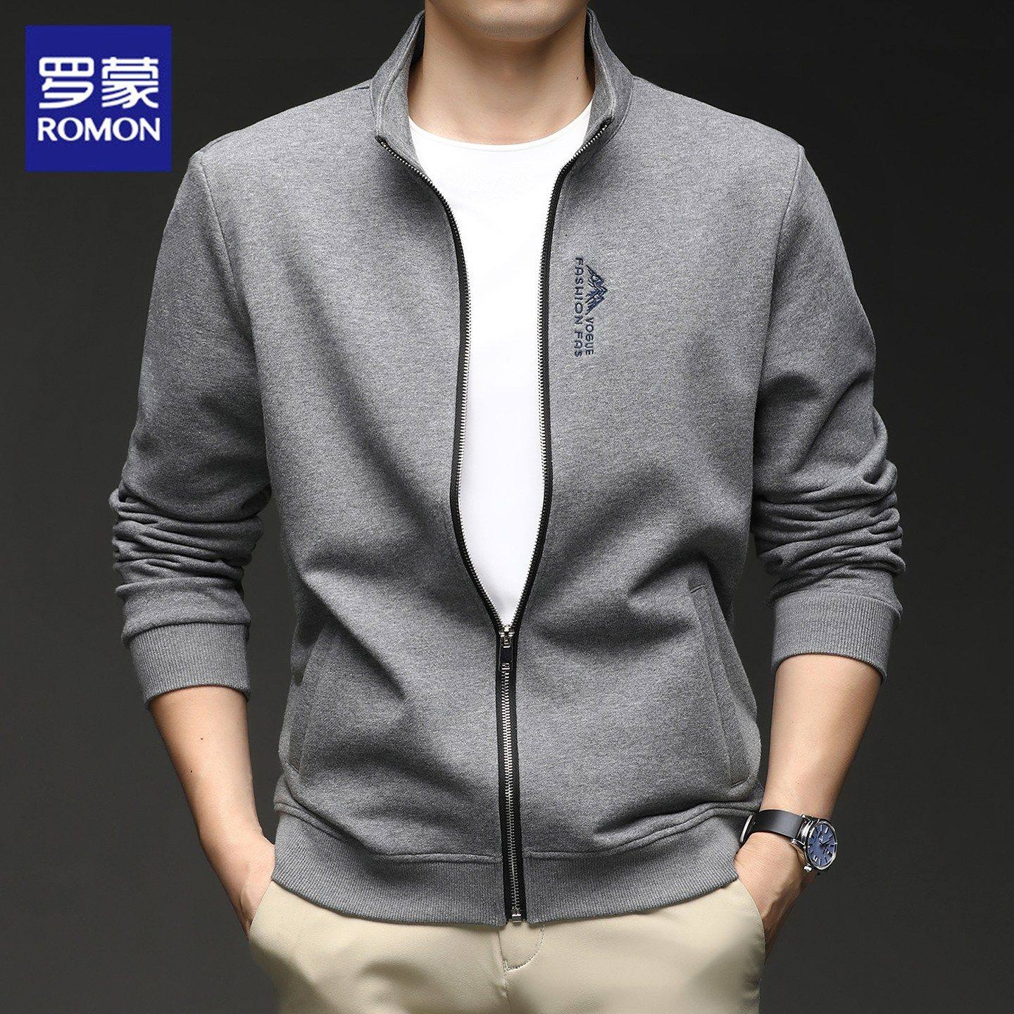 罗蒙立领开衫卫衣男士2026春季新款运动上衣服宽松纯棉夹克外套男