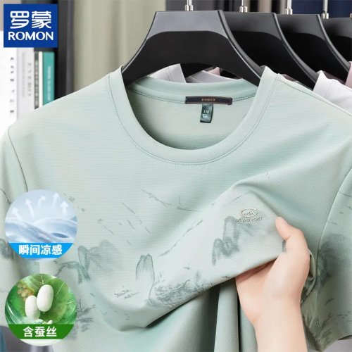 桑蚕丝+冰氧丝 Romon/罗蒙夏季新款男士短袖T恤百搭圆领印花上衣