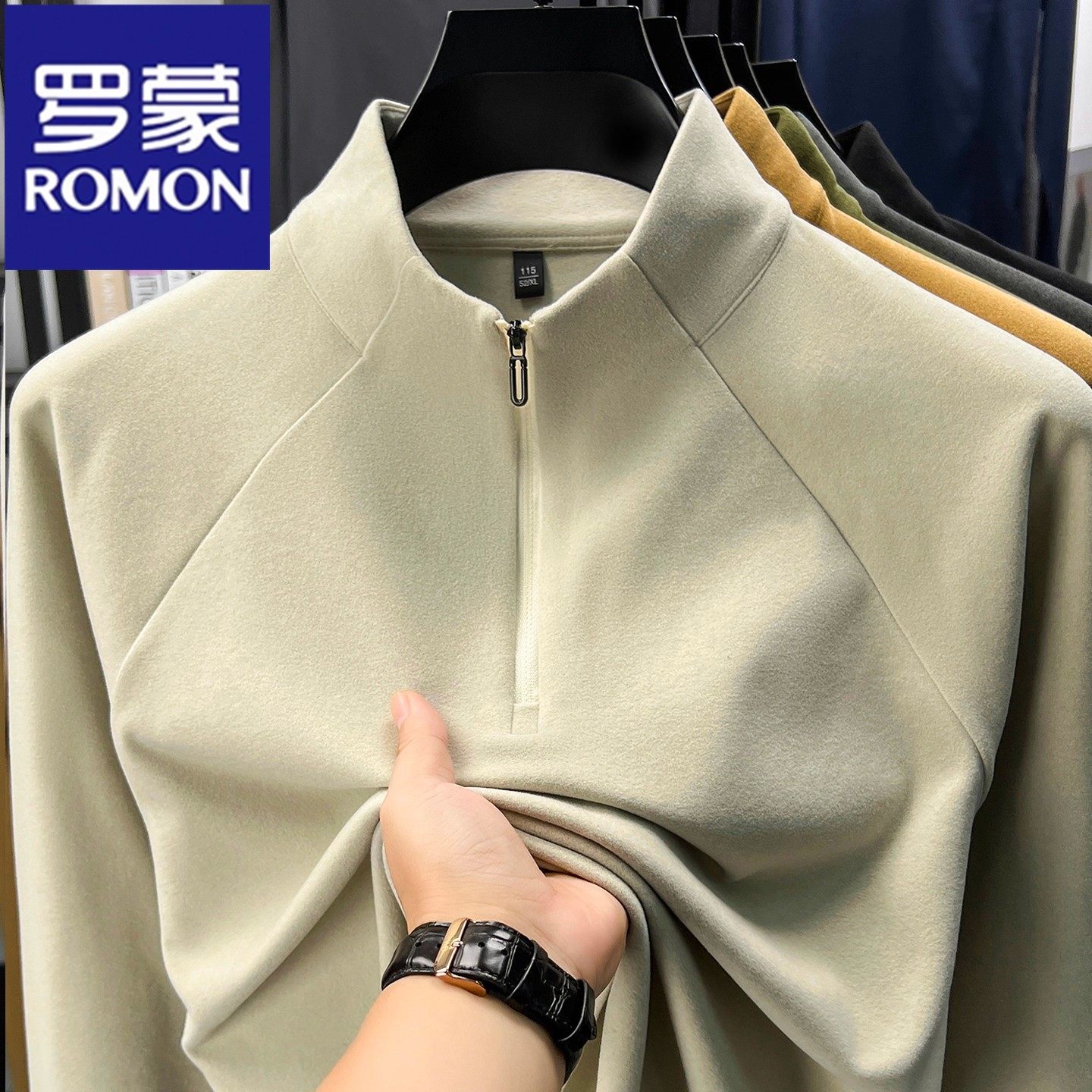 罗蒙秋冬男士打底衫半高领拉链德绒保暖长袖T恤中青年自发热上衣