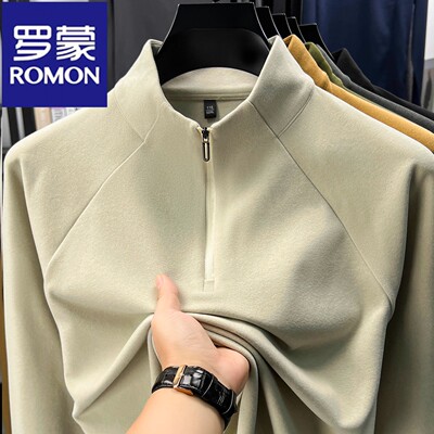 罗蒙秋冬男士打底衫半高领拉链德绒保暖长袖T恤中青年自发热上衣