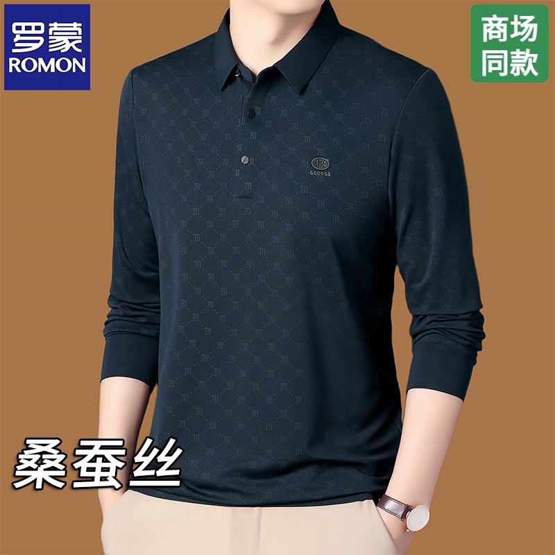 罗蒙高档桑蚕丝polo衫男士长袖t恤春秋商务休闲打底衫中老年上衣