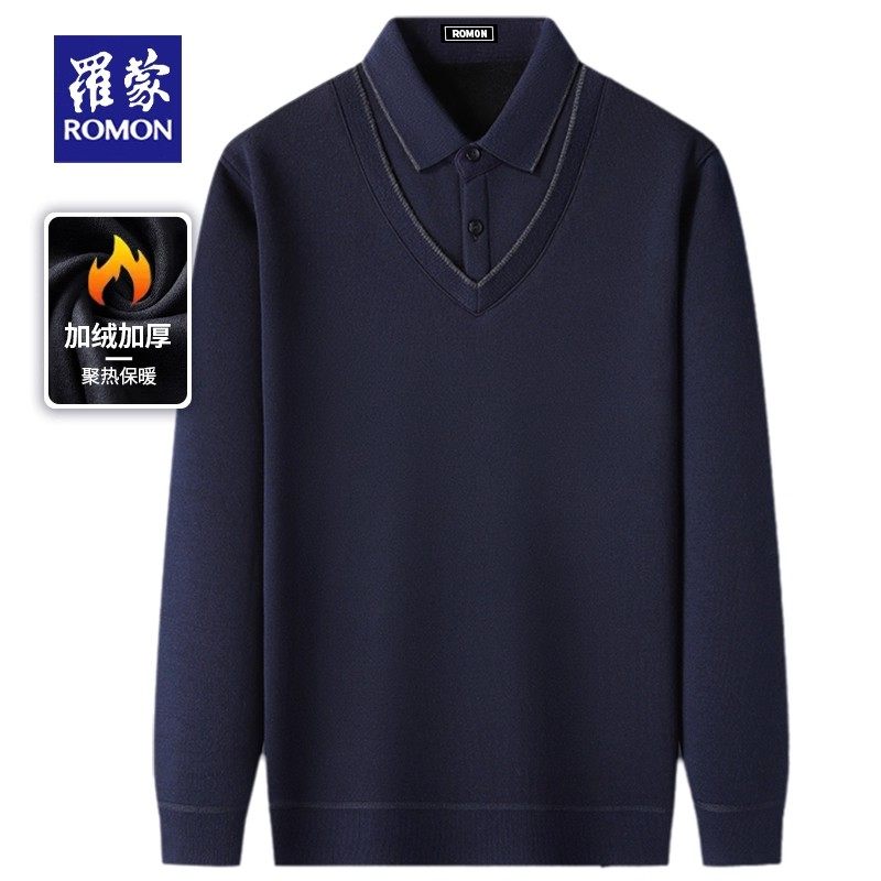 罗蒙加绒加厚假两件毛衣男士冬季保暖针织打底衫上衣中老年爸爸装