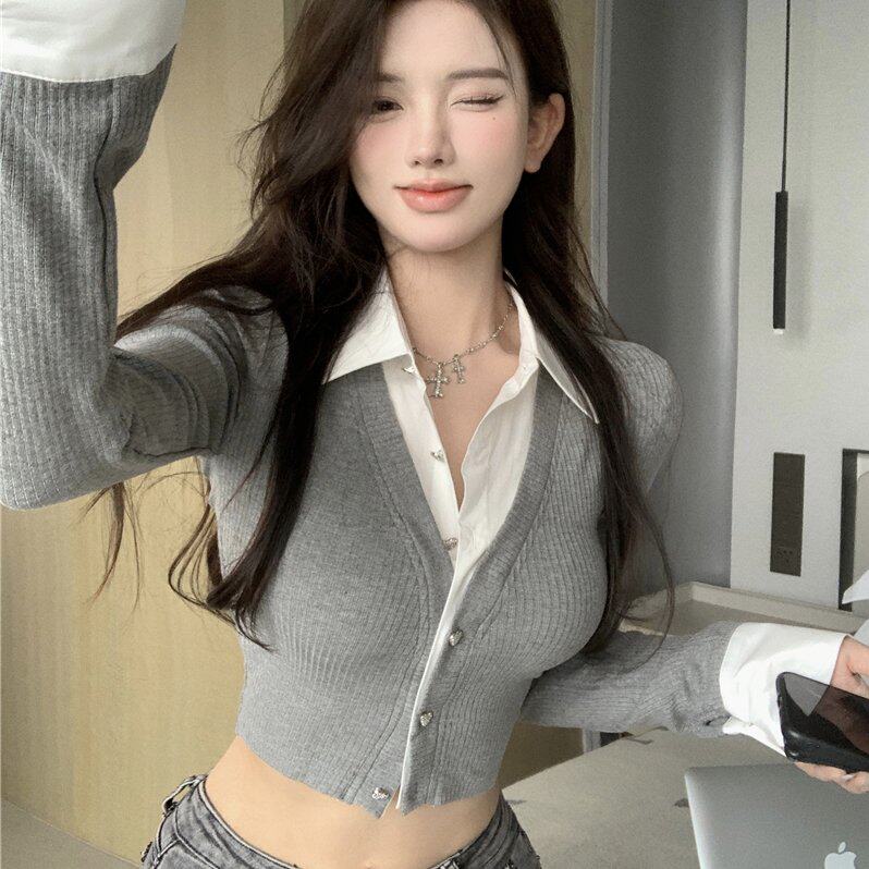 实价实拍~黑白装饰短款衬衫假两件针织开衫长袖修身上衣女