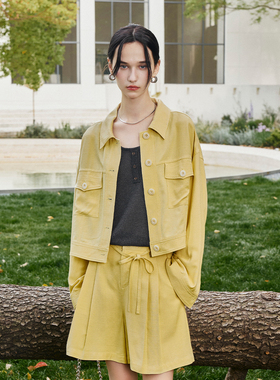 CLMX 自然肌理感亚麻粘胶混纺面料工装风贴袋短箱型夹克/腰带短裤