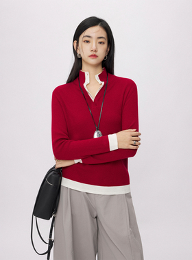 CLMX甄选16针绵羊毛混纺纱线柔软亲肤撞色立领半开襟长袖针织衫女