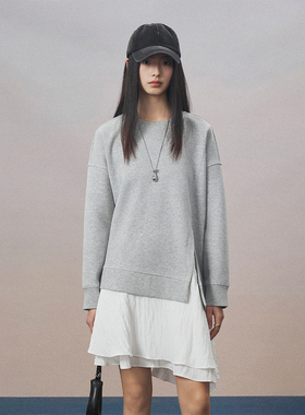 CLMX 高密细织双层挺阔面料 假两件休闲圆领卫衣拼色裙摆连衣裙