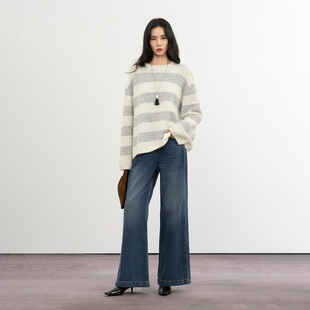 CLMX圆领宽松条纹针织衫羊毛马海毛银丝珠片混纺纱线秋冬休闲毛衣