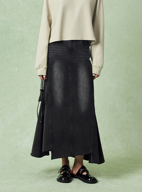 CLMX 高质感水洗工艺斜纹棉混纺 复古美式不规则下摆鱼尾牛仔半裙