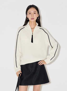 CLMX休闲立领半开襟长袖撞色线针织衫细腻绒感100%绵羊毛纱线上衣