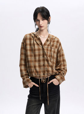 CLMX复古美式连帽长袖衬衫外套全棉拉毛色织格纹面料休闲上衣女