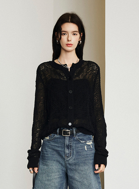 CLMX时装感镂空圆领长袖开襟针织衫干爽有型棉锦混纺带子纱上衣女