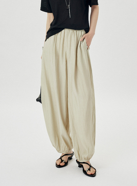 CLMX夏季百搭通勤宽松长裤压皱肌理灯笼休闲裤纯色垂感收口休闲裤