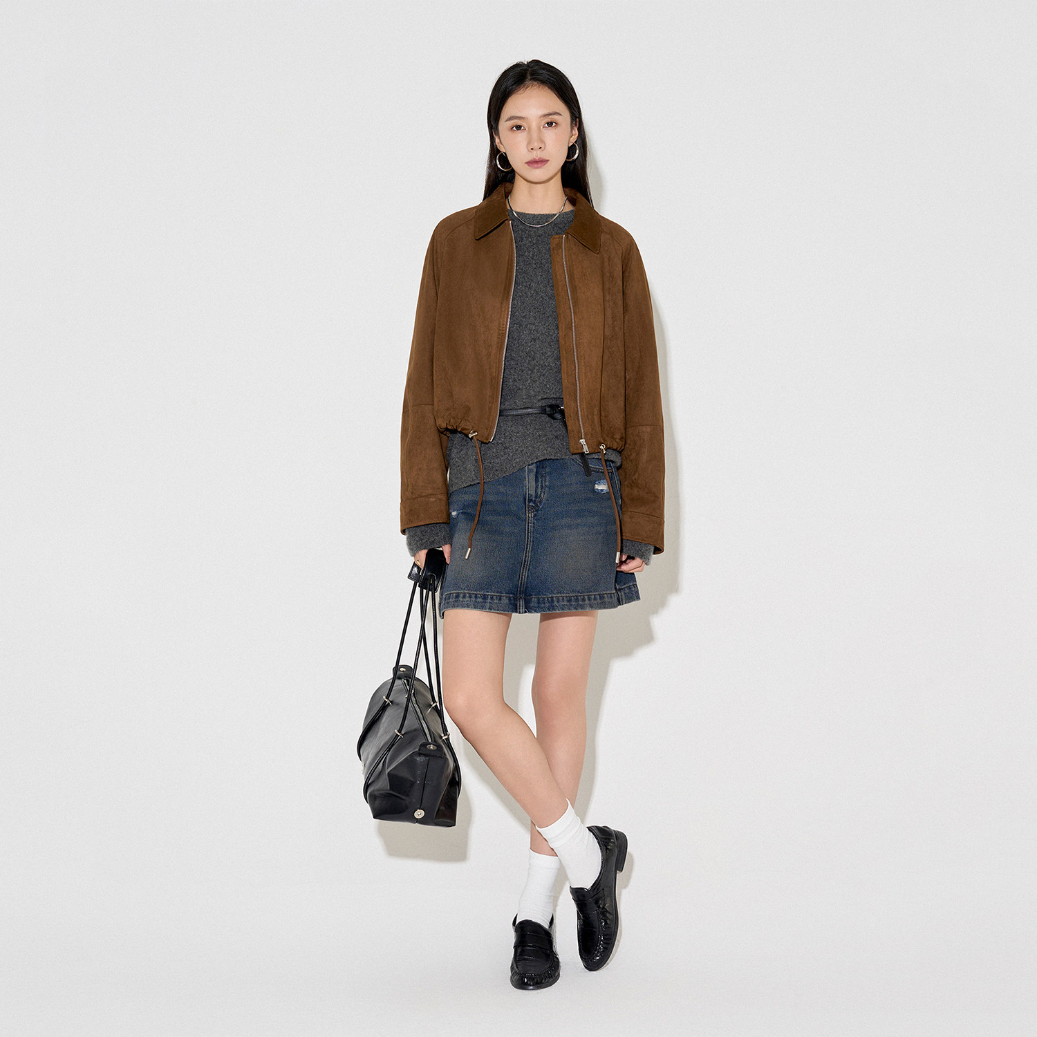 CLMX人造麂皮翻领短箱型插肩袖外套领型立挺显脸小纯色通勤上衣女