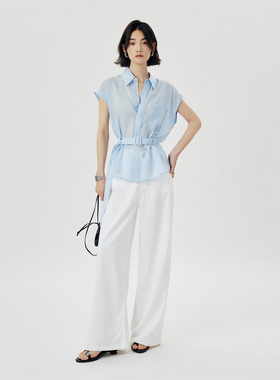 CLMX夏季简约通勤上衣系带亲肤凉爽高密莱赛尔混纺面料衬衫女