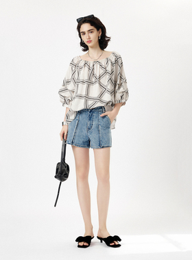 CLMX一字领简约通勤衬衫线描草绳印花莱赛尔亚麻混纺面料压褶上衣