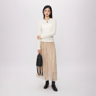 CLMX 亲肤莱赛尔绵羊毛氨纶混纺面料木耳边点睛长袖圆领T恤上衣女