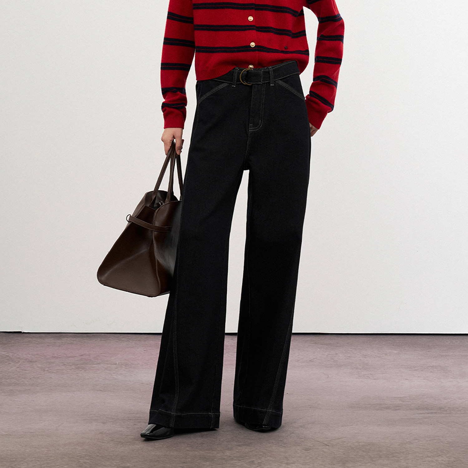 CLMX造型感D字扣腰带宽松阔腿牛仔裤加厚抓绒棉混纺面料秋冬长裤