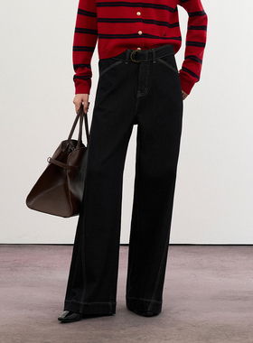 CLMX造型感D字扣腰带宽松阔腿牛仔裤加厚抓绒棉混纺面料秋冬长裤