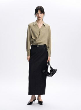 CLMX环腰绑带翻领开襟长袖衬衫雾光缎面压皱平纹锦纶混纺面料上衣