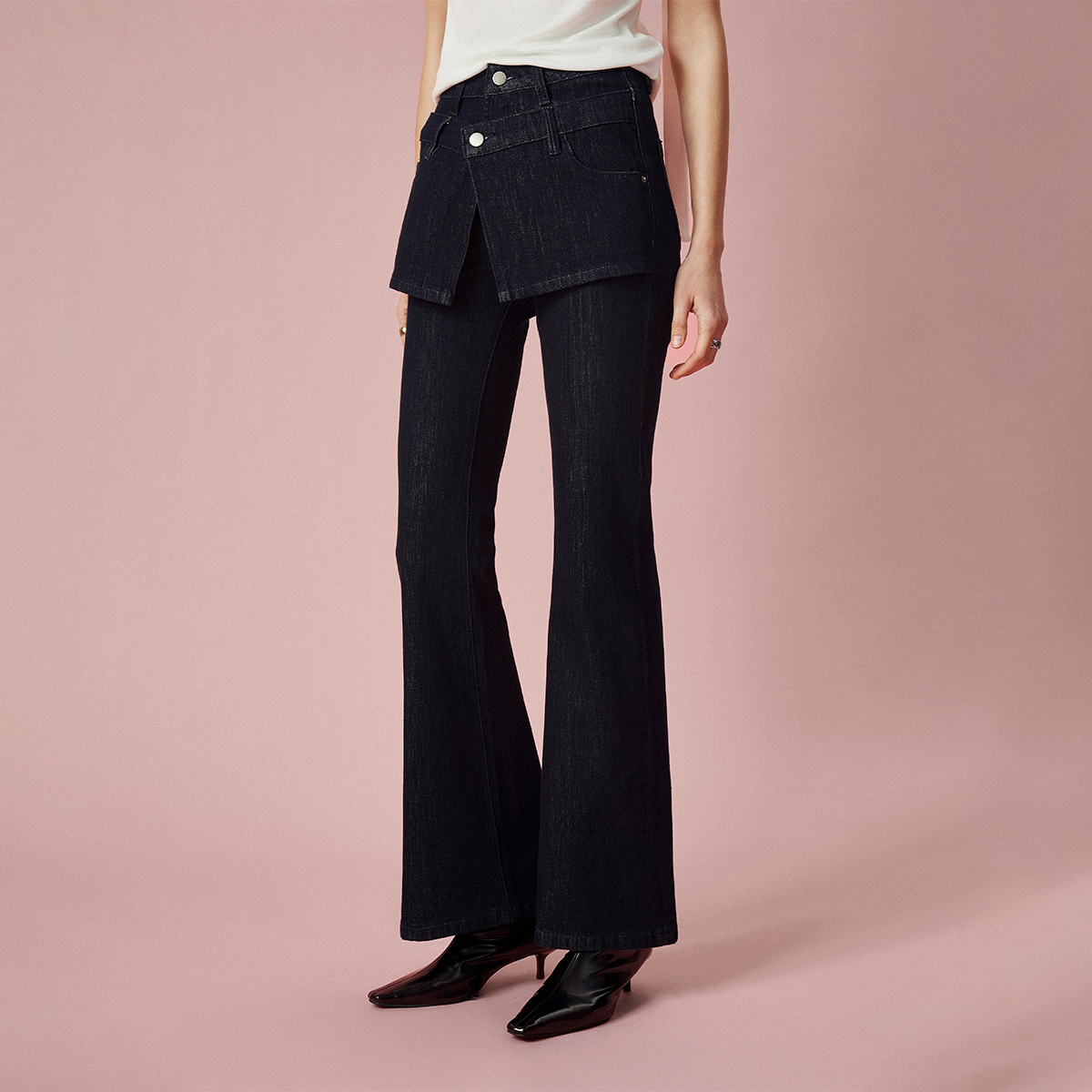 CLMX重磅锁色肌理感舒适四面弹牛仔复古假两件裙片修身微喇牛仔裤