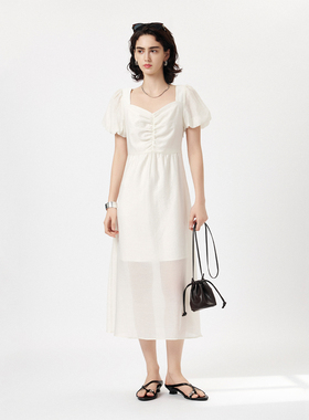 CLMX夏季通勤方领裙子微皱肌理莱赛尔锦纶混纺面料泡泡袖连衣裙女