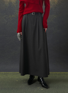 CLMX 亲肤磨毛绒感斜纹双层软薄呢 复古通勤风A摆半身裙赠腰带