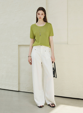 CLMX轻盈透气和纸亚麻纱面料 百搭通勤风经典针织圆领空气T恤上衣