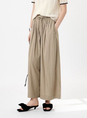 CLMX夏季简约通勤宽松直筒裤轻盈舒适棉锦混纺平纹面料抽绳九分裤