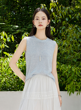 CLMX 亚麻和纸纱感蓝色圆领无袖背心女夏季通勤高级气质针织上衣