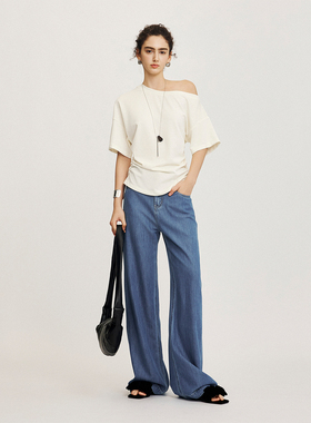 CLMX纯色通勤露肩中袖上衣砂洗针织空气层柔软面料大圆领收腰T恤