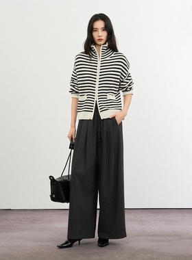 CLMX随性橡筋抽绳腰阔腿裤色织混纺斜纹单面磨毛面料秋冬通勤裤子