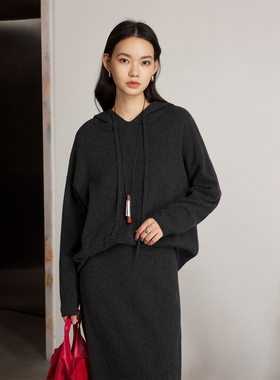 CLMX柔软亲肤16支100%羊毛纱线松弛慵懒风实穿百搭连帽毛衣+半裙